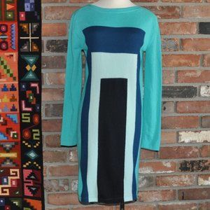 Vintage Lacoste Devanlay Color Block, Turquoise, Blue, & Black, Wool Knit Dress